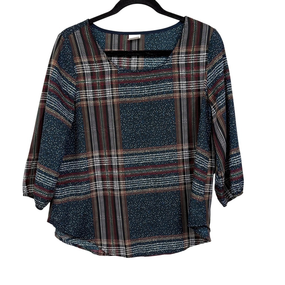 Kaileigh WomensPlaid Print Top Blouse 3/4 Sleeve Relaxed Black Brown Red Sz M*